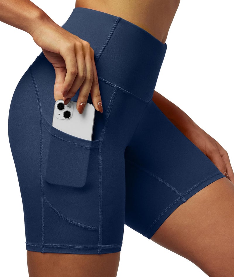 IUGA Biker Shorts Women 6" Tummy Control Workout Shorts Women with Pockets High Waisted Yoga Running Gym Spandex Compression Navy Blue - Image 1
